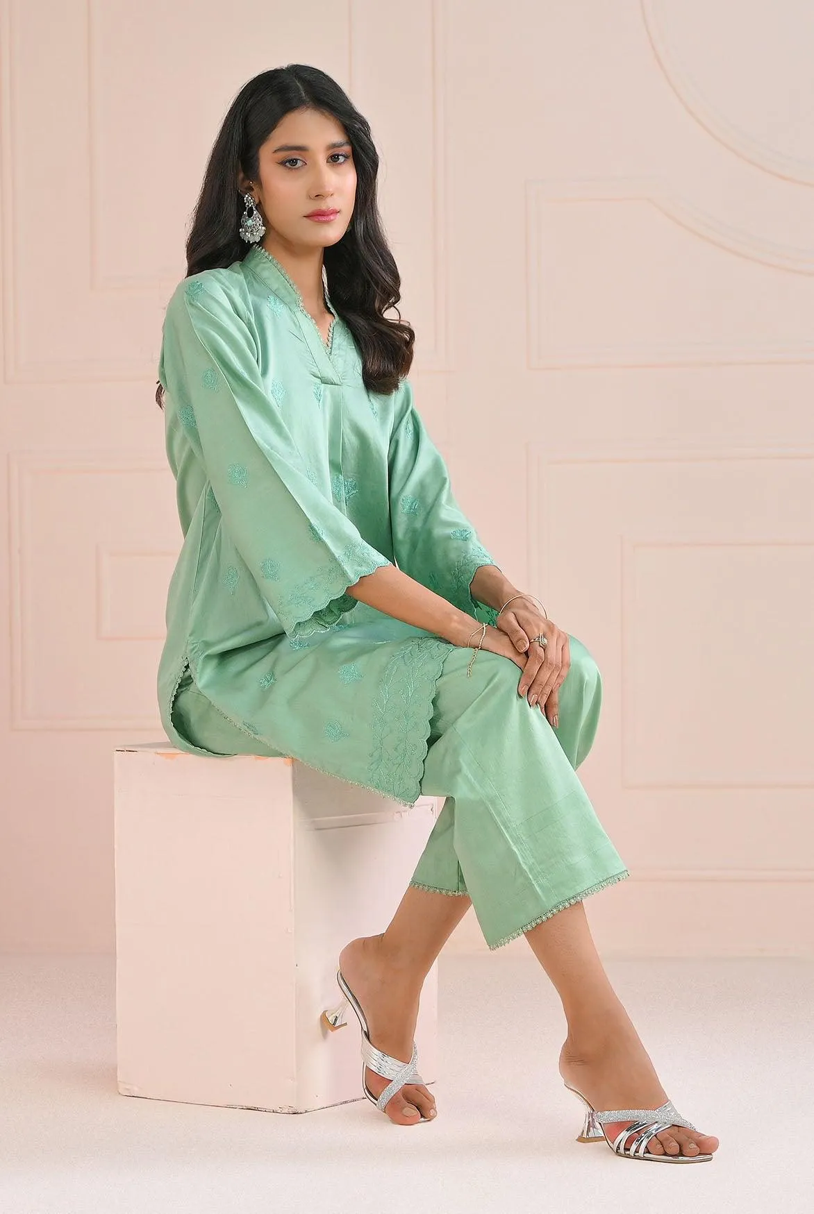 2 Pcs Shirt & Trouser | RTW | Dyed Embroidered Cotton Satin