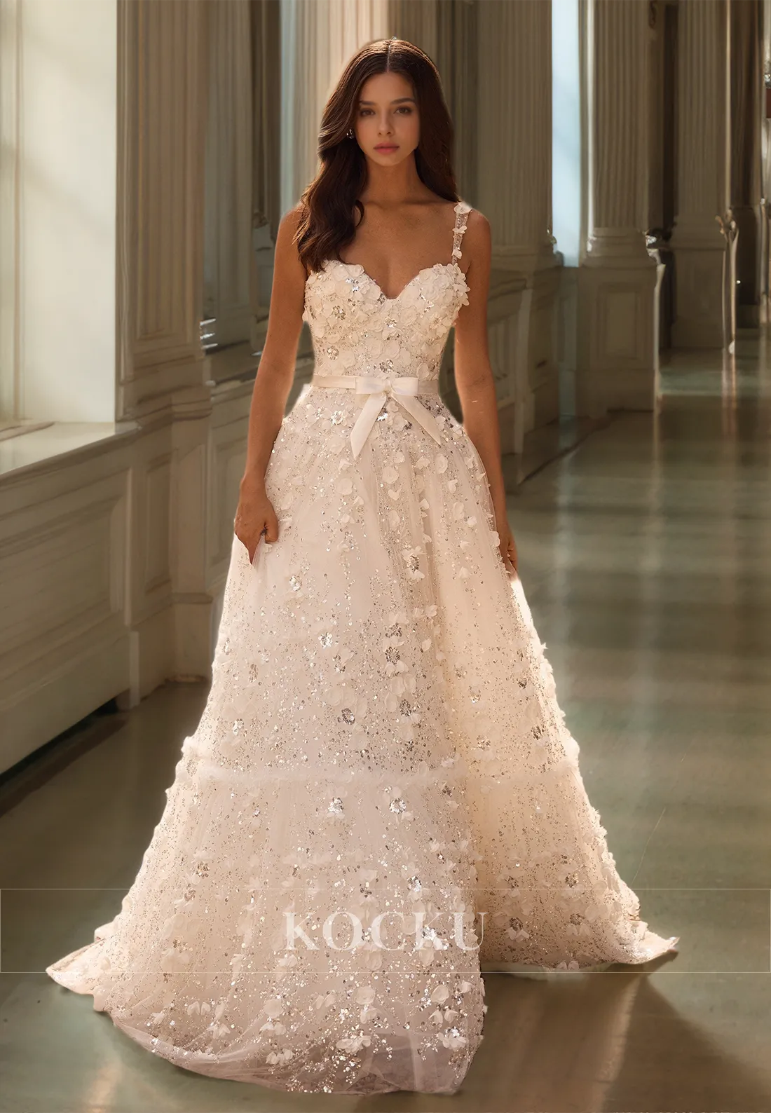 A-Line Sweetheart Straps Sleeveless Train Floral Sequin Lace Prom Dress Evening Dress with Bow