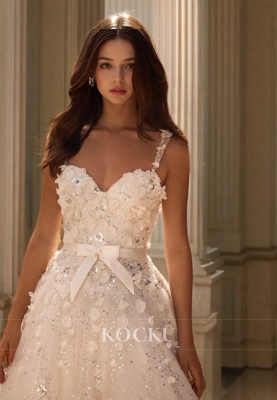 A-Line Sweetheart Straps Sleeveless Train Floral Sequin Lace Prom Dress Evening Dress with Bow