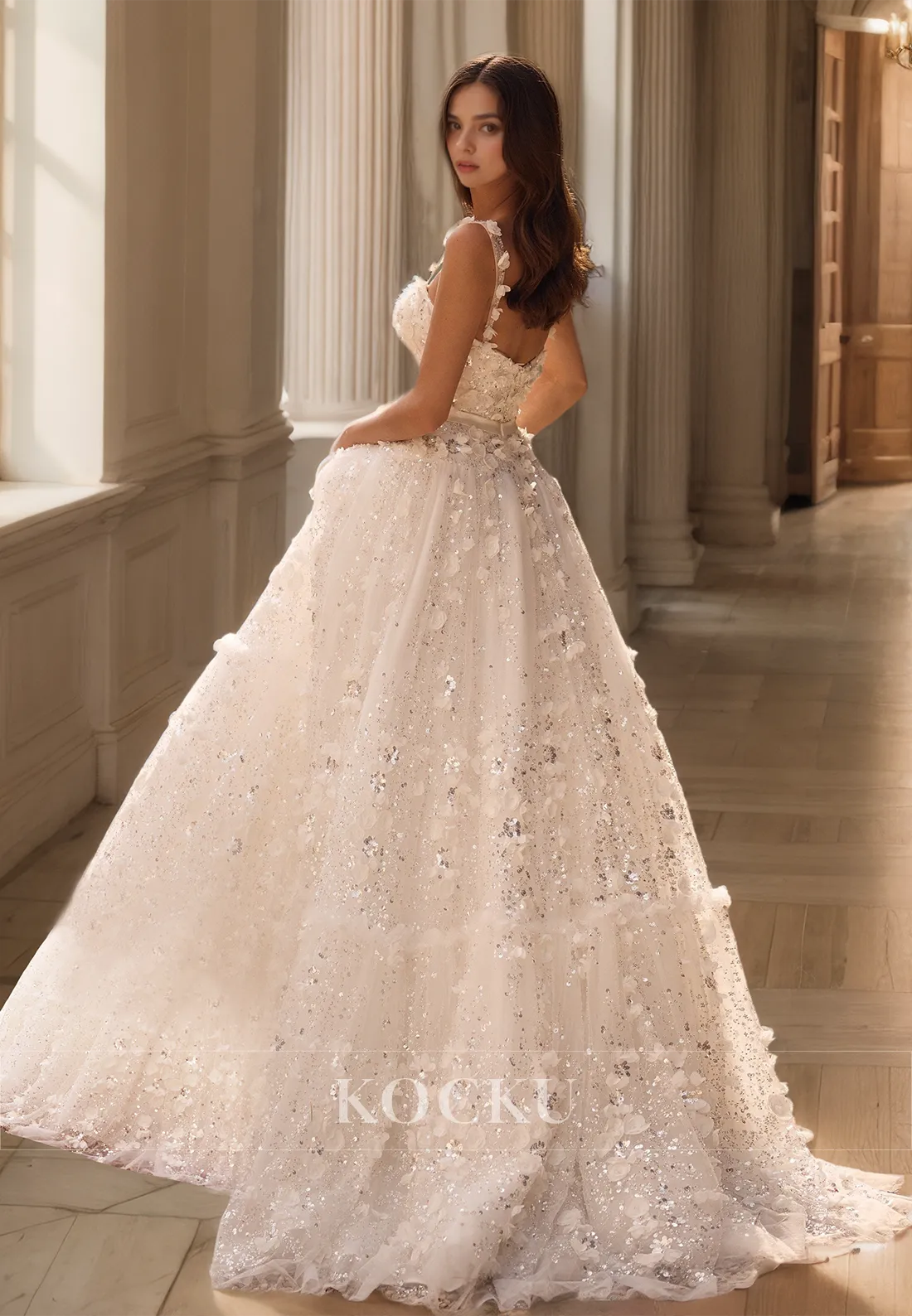 A-Line Sweetheart Straps Sleeveless Train Floral Sequin Lace Prom Dress Evening Dress with Bow