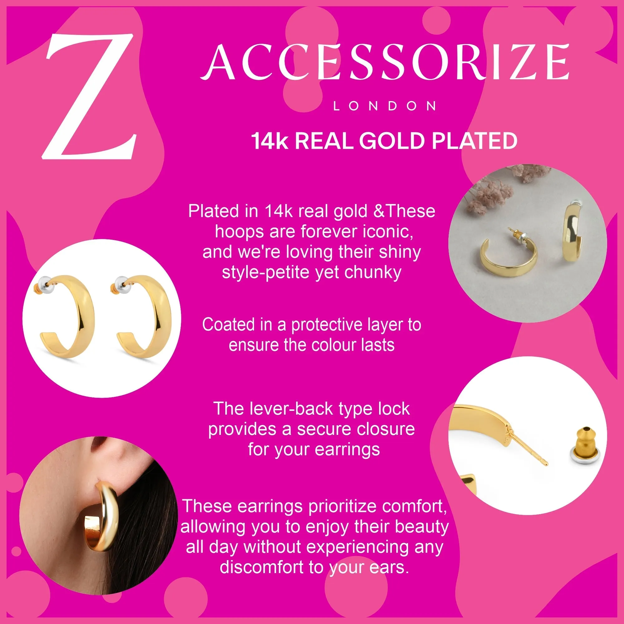 Accessorize London Women's Z Real Gold-Plated Plain Chunky Hoops Earrings