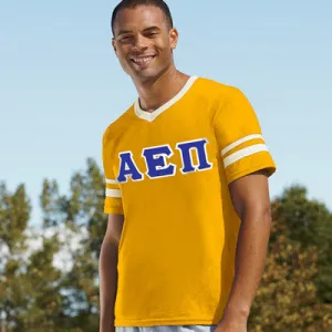 Alpha Epsilon Pi V-Neck Jersey with Striped Sleeves - 360 - TWILL