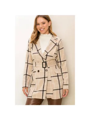 Aria Plaid Belted Coat Brown