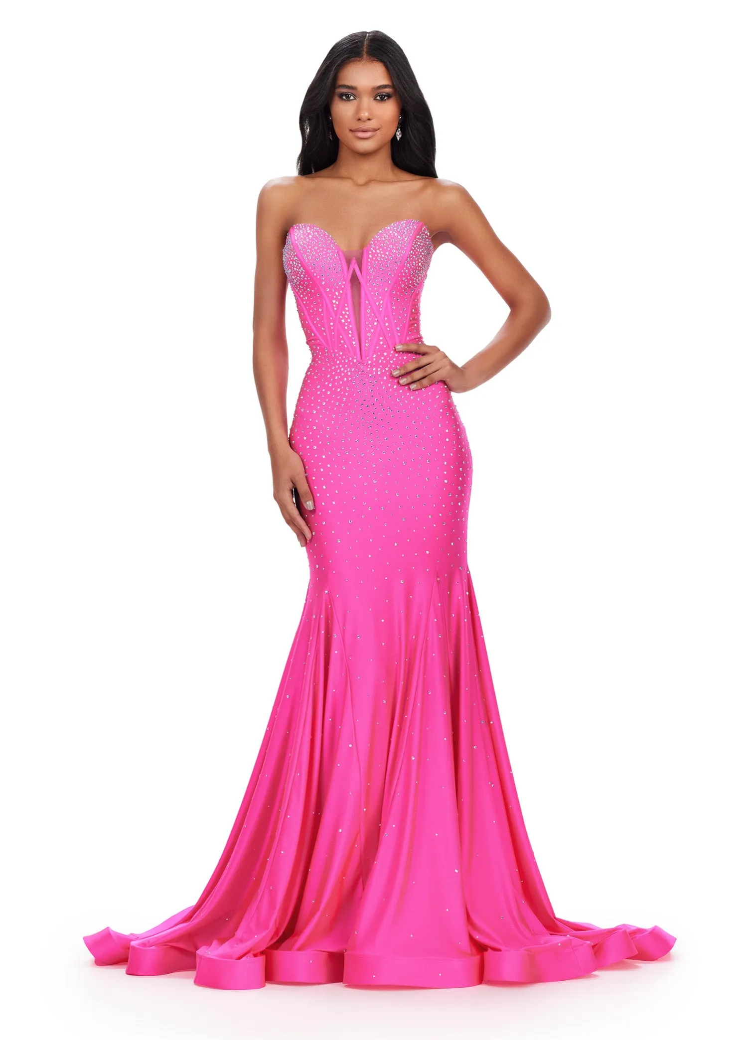 Ashley Lauren 11560 Strapless Fitted Jersey Prom Dress Mermaid V Neck Formal Pageant Gown
