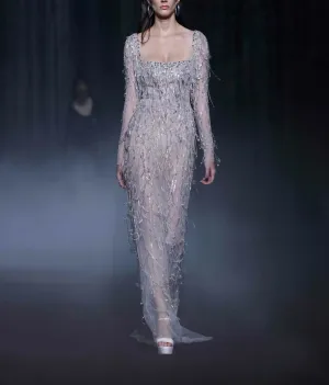 Beaded Tulle Long Dress