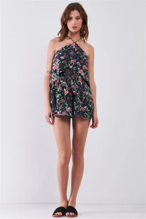 Black Floral Sleeveless Layered Halter Neck Racer Back Strap Detail Romper /2-2-2