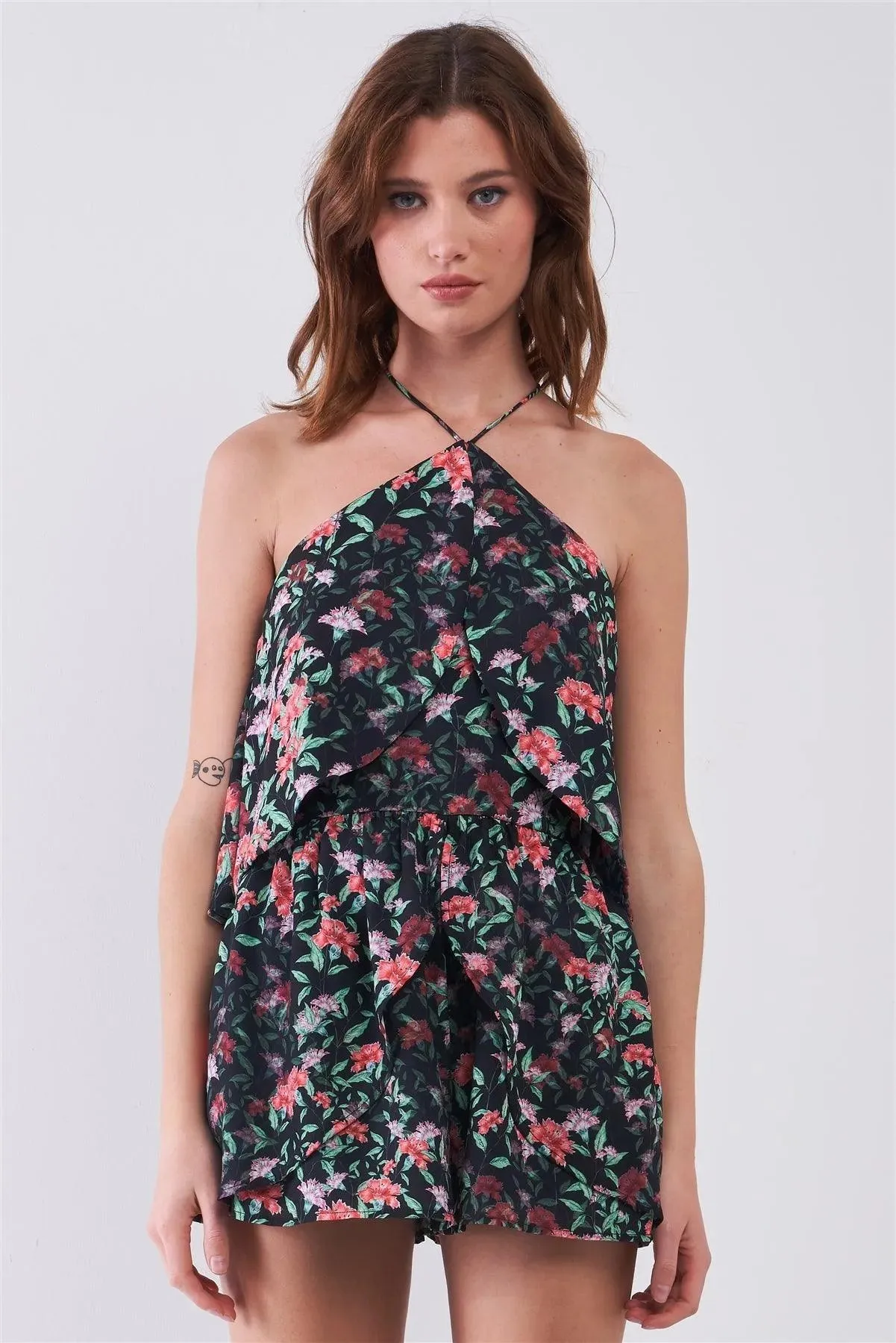Black Floral Sleeveless Layered Halter Neck Racer Back Strap Detail Romper /2-2-2