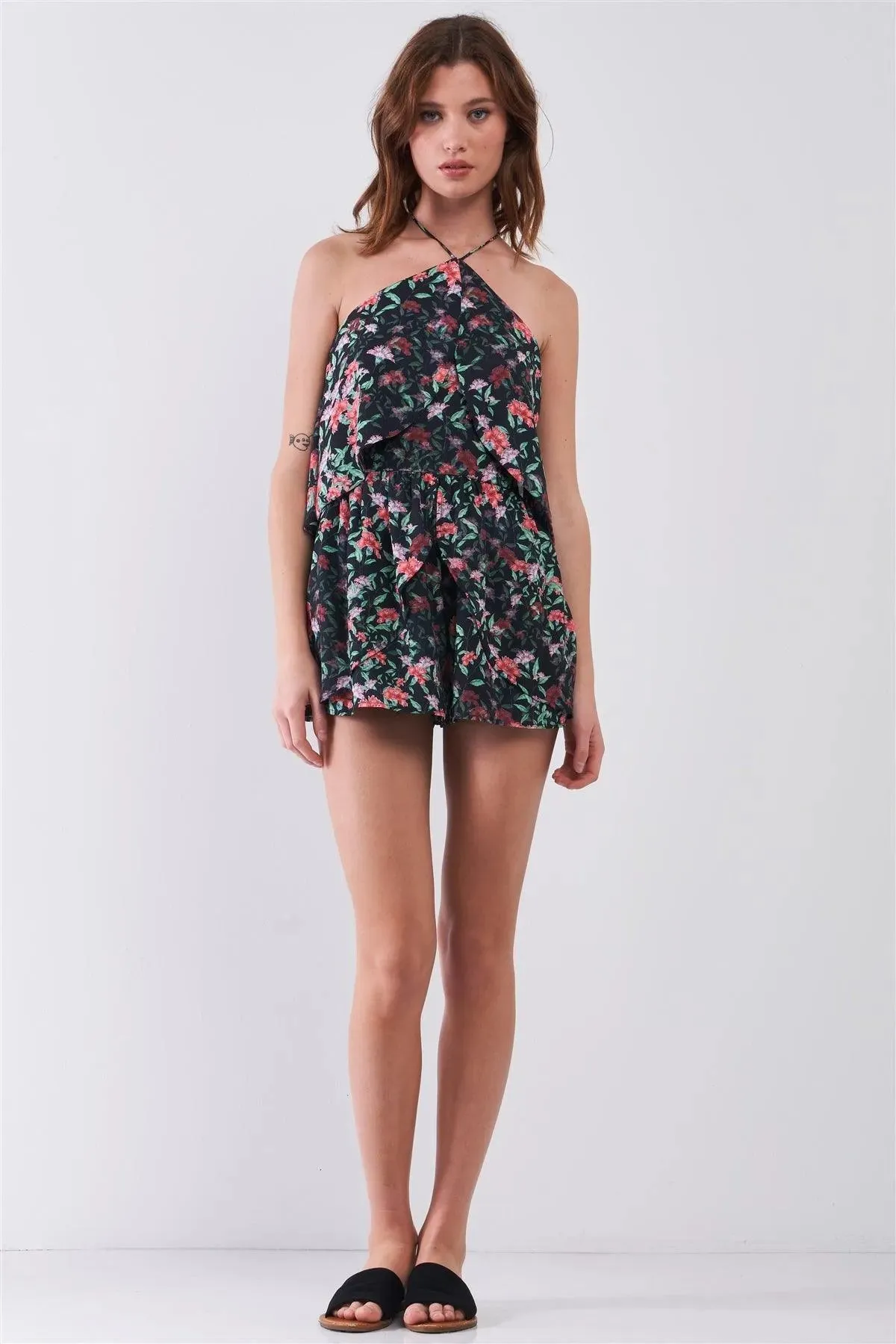 Black Floral Sleeveless Layered Halter Neck Racer Back Strap Detail Romper /2-2-2