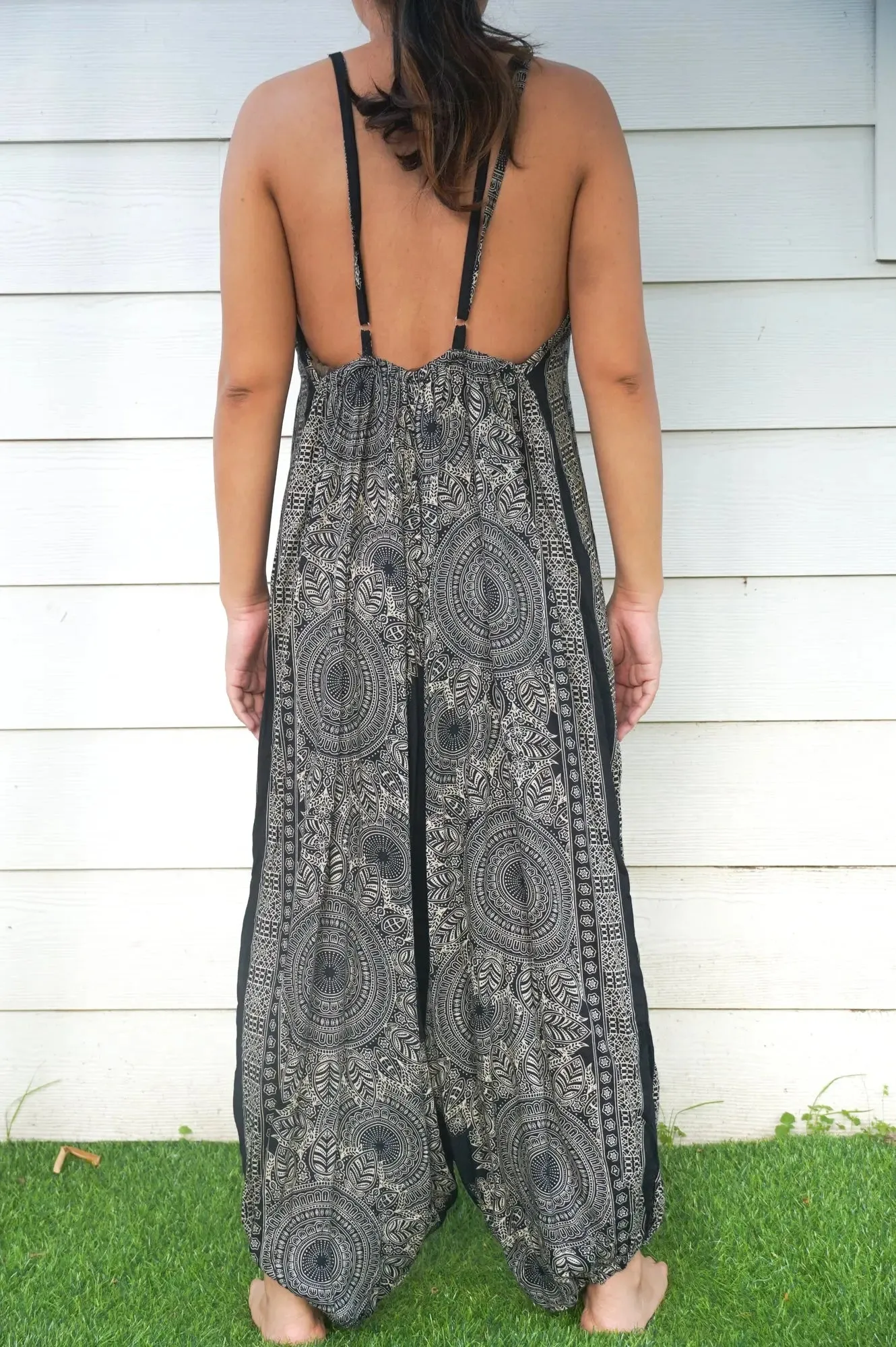 Bohemian Black Lotus Flowing Wide-Leg Romper Jumpsuit