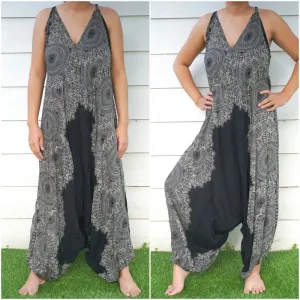 Bohemian Black Lotus Flowing Wide-Leg Romper Jumpsuit