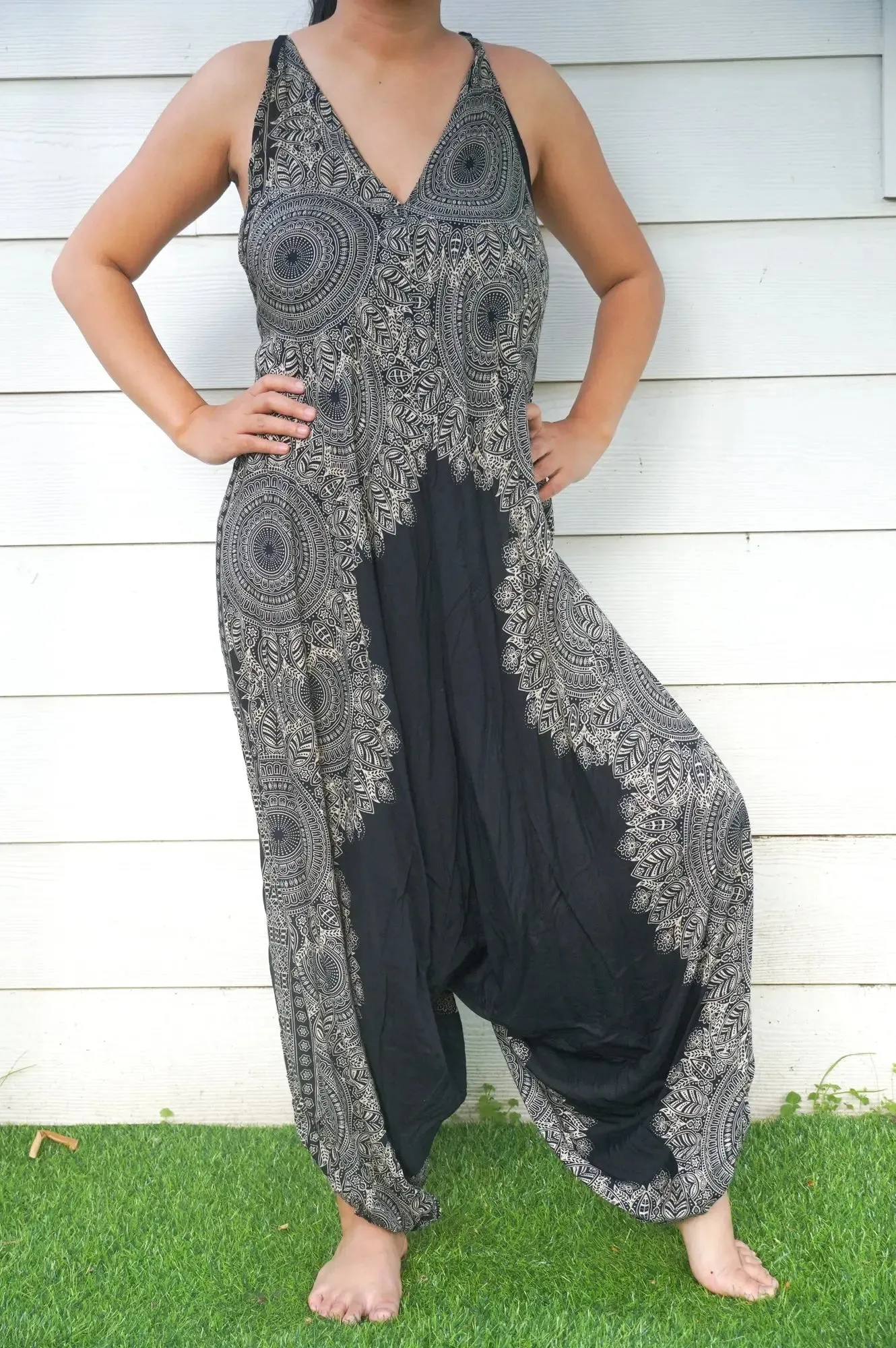 Bohemian Black Lotus Flowing Wide-Leg Romper Jumpsuit