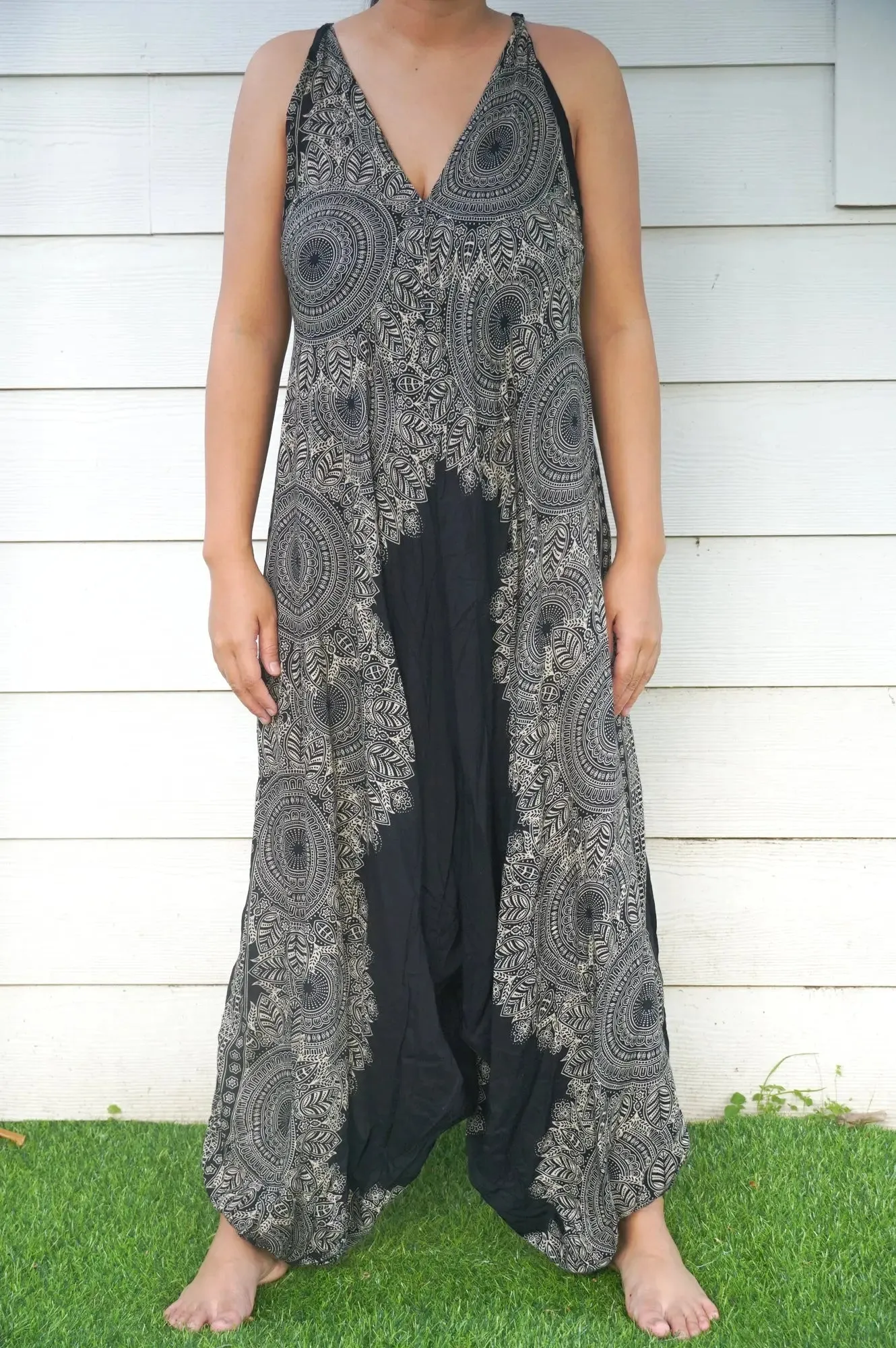 Bohemian Black Lotus Flowing Wide-Leg Romper Jumpsuit