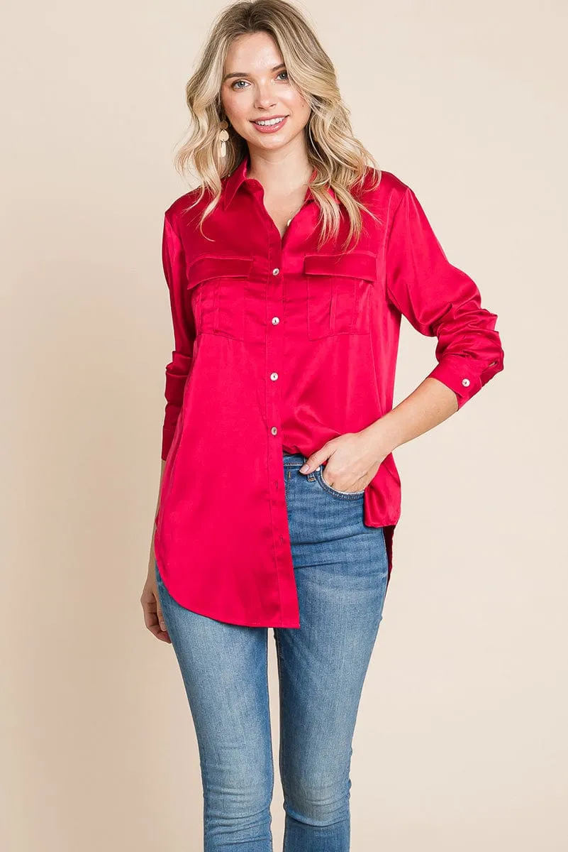 Button up collared long sleeve Satin blouse