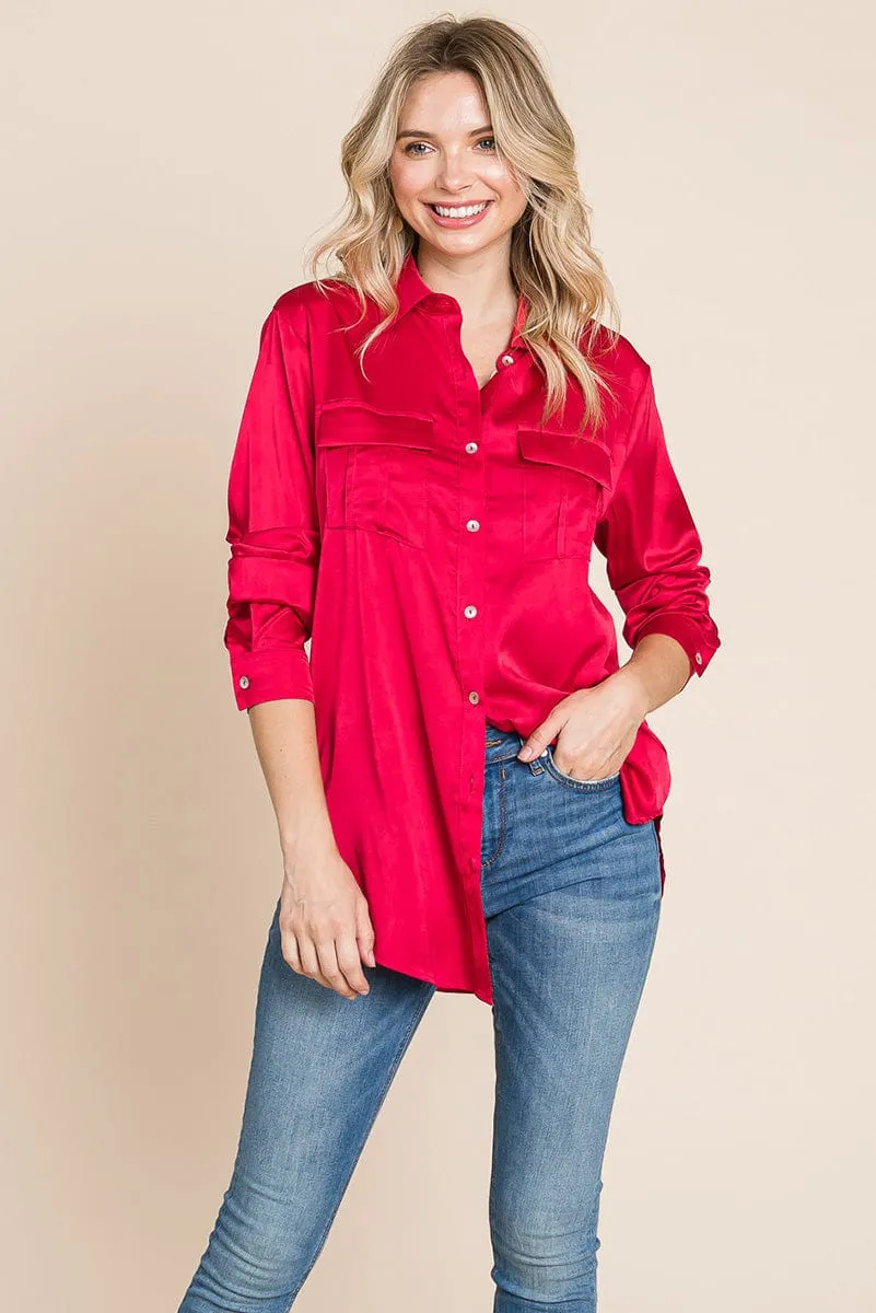 Button up collared long sleeve Satin blouse