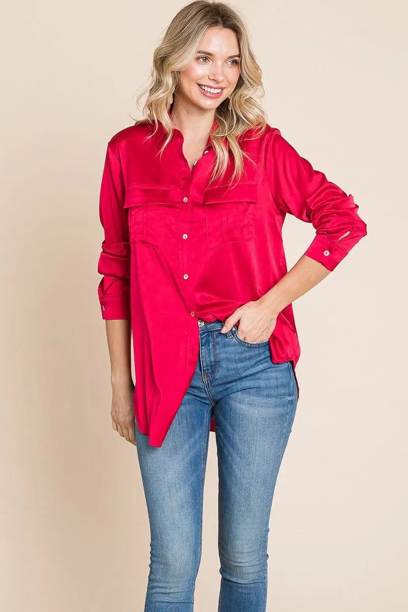Button up collared long sleeve Satin blouse