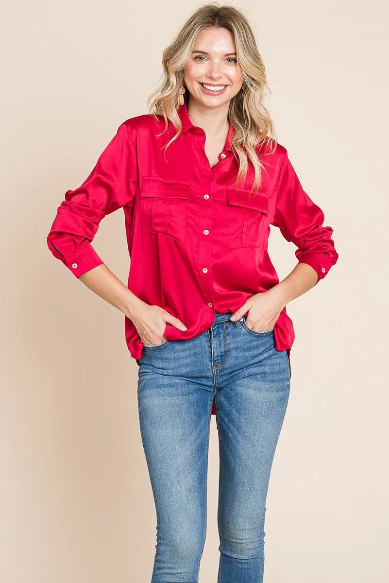 Button up collared long sleeve Satin blouse