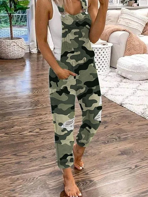 Casual Double Shoulder Strap Ripped Denim Jumpsuit