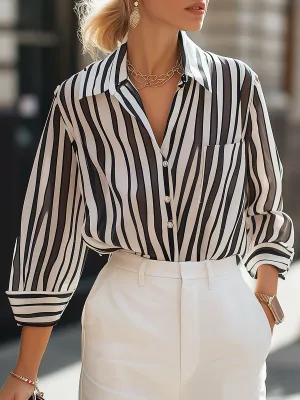 Classic Black and White Striped Button-Up Blouse