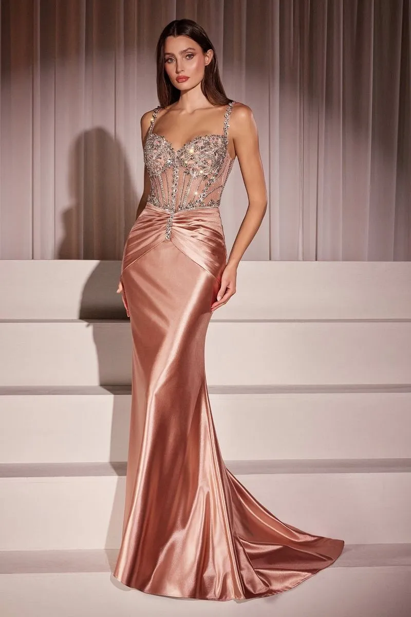 CRYSTAL EMBELLISHED FITTED SATIN DRESS CDCD757