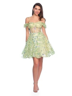 Dave & Johnny 11767 Short Ruffle Print Homecoming Dress Sheer Corset off the shoulder Cocktail Gown