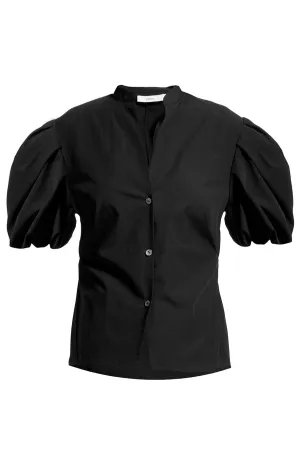 Draped Puff Sleeve Blouse - Black