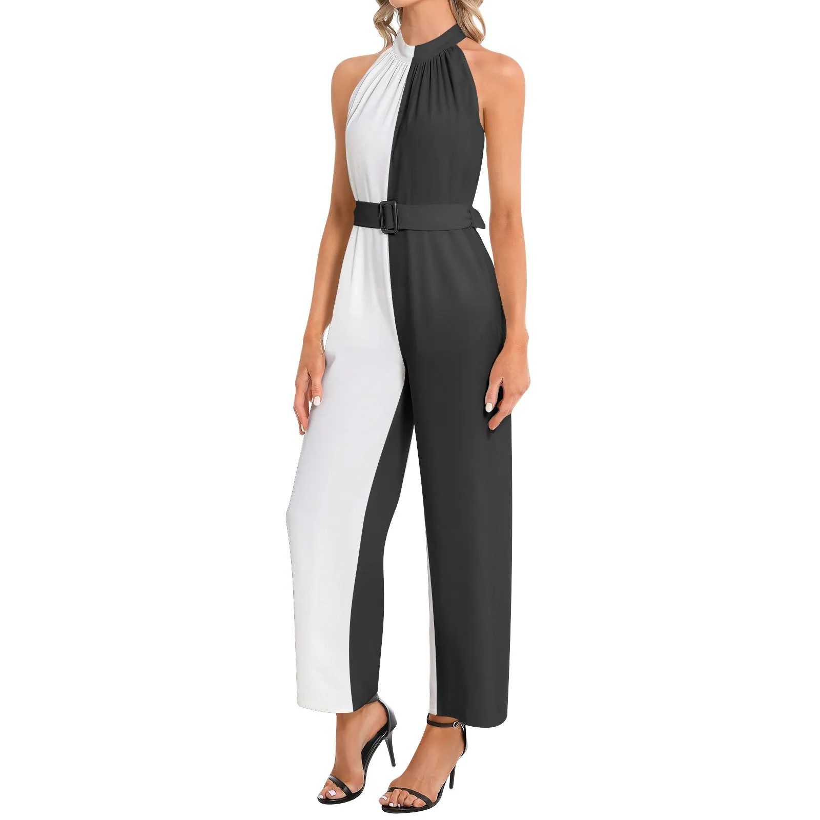 Dynamic Duo Halter Neck Buckle Belted Jumpsuit