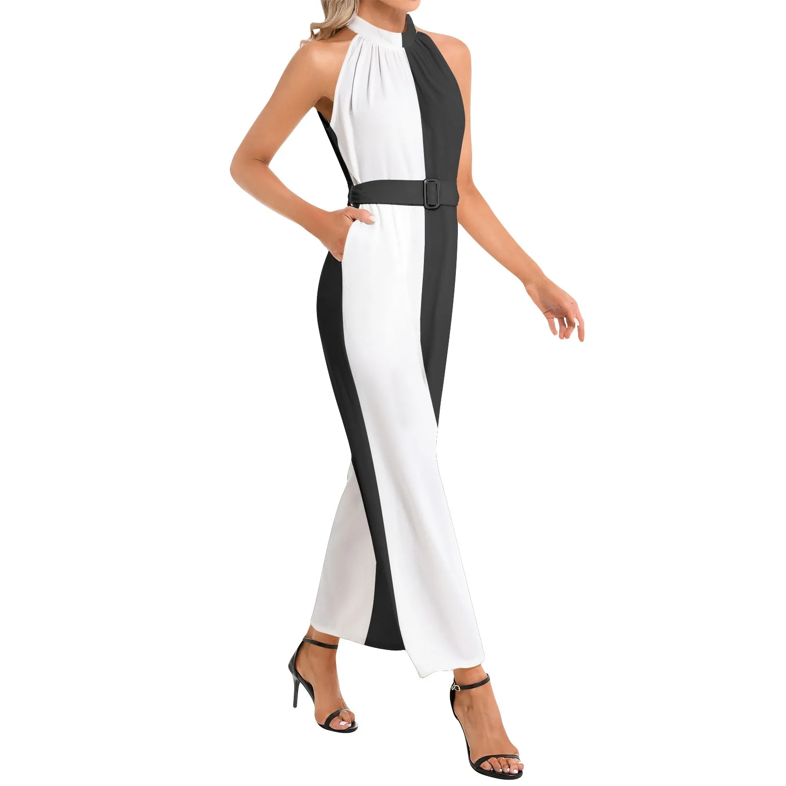 Dynamic Duo Halter Neck Buckle Belted Jumpsuit
