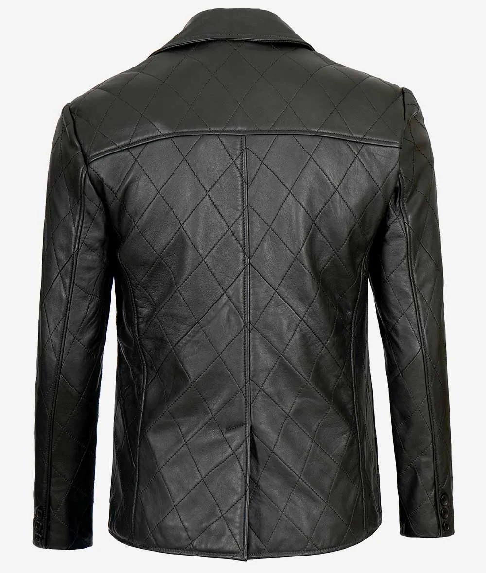 Elton Mens Diamond Stitched Black Leather Coat