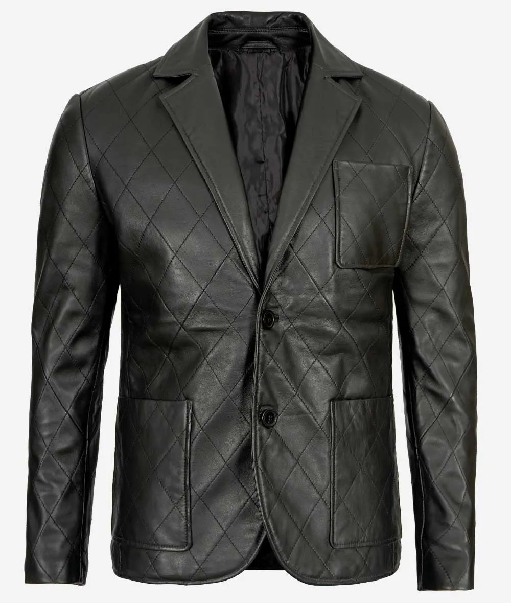 Elton Mens Diamond Stitched Black Leather Coat