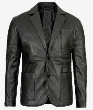 Elton Mens Diamond Stitched Black Leather Coat