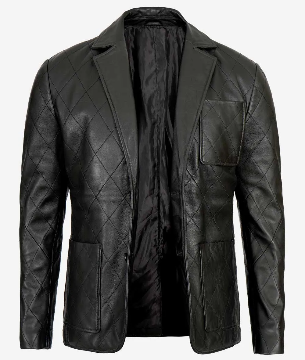 Elton Mens Diamond Stitched Black Leather Coat