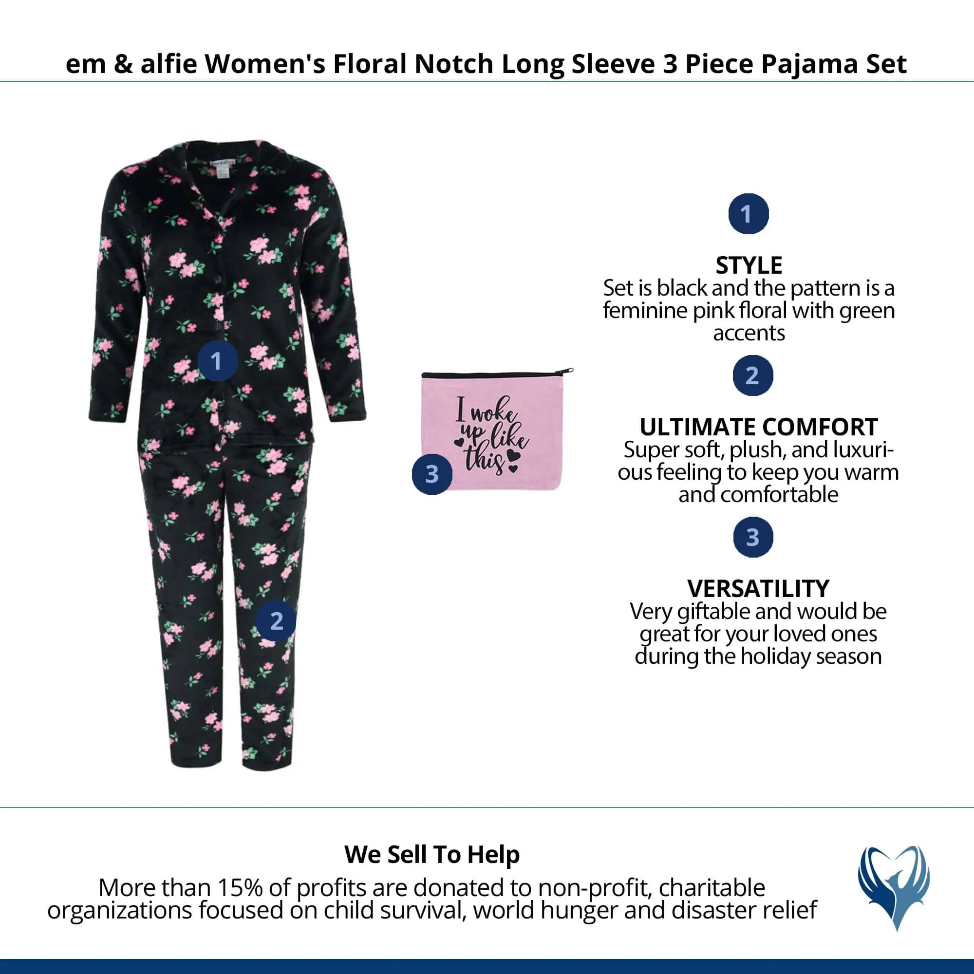 em & alfie Women's Floral Notch Long Sleeve 3 Piece Pajama Set