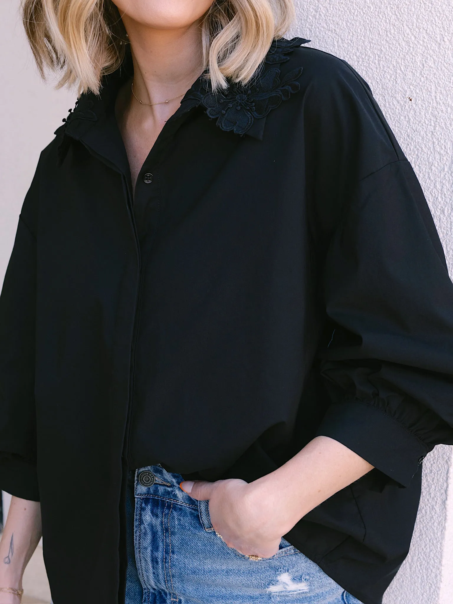 Endless Rose Black Peekaboo Lace Collared Shirt