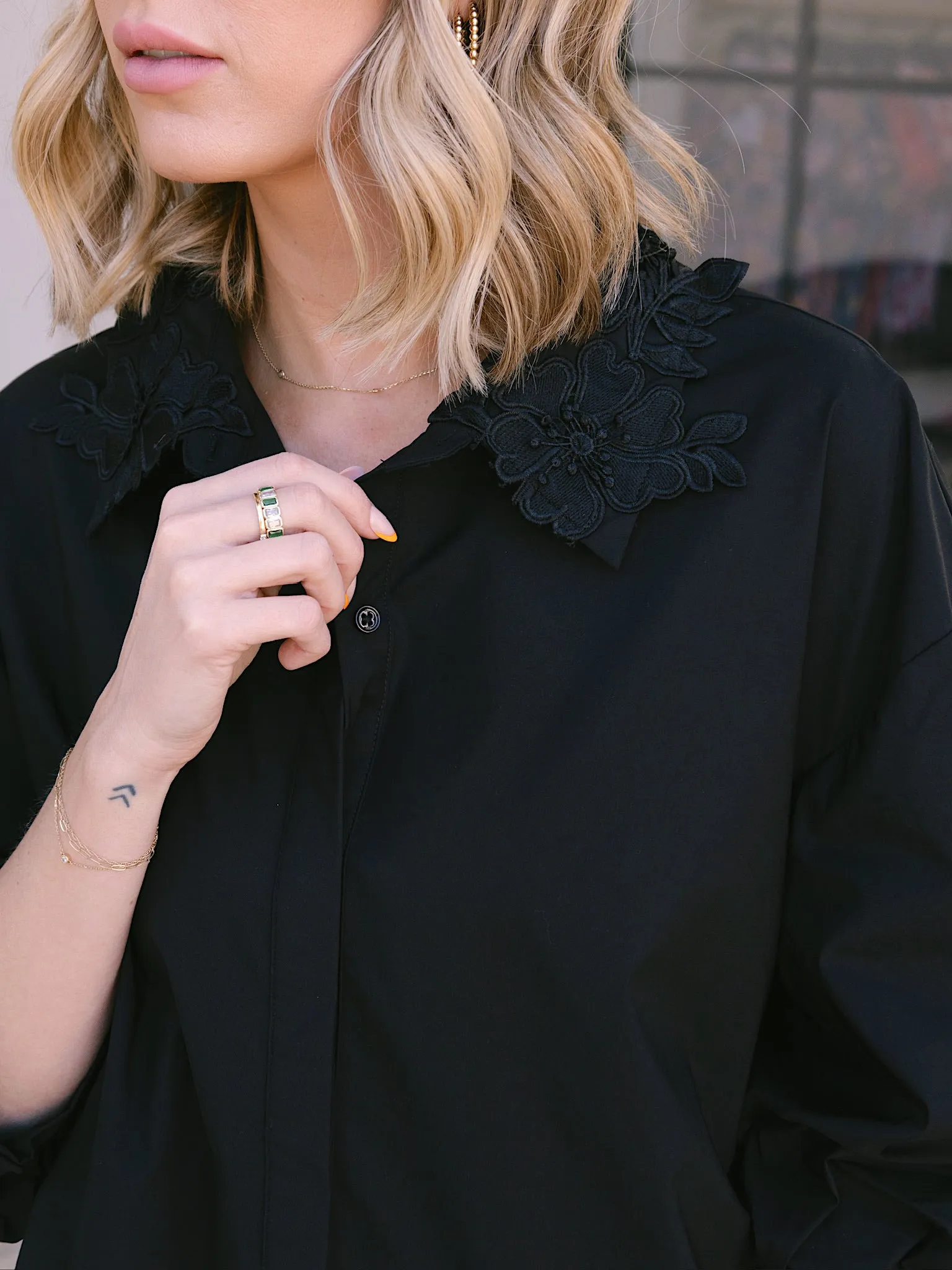 Endless Rose Black Peekaboo Lace Collared Shirt