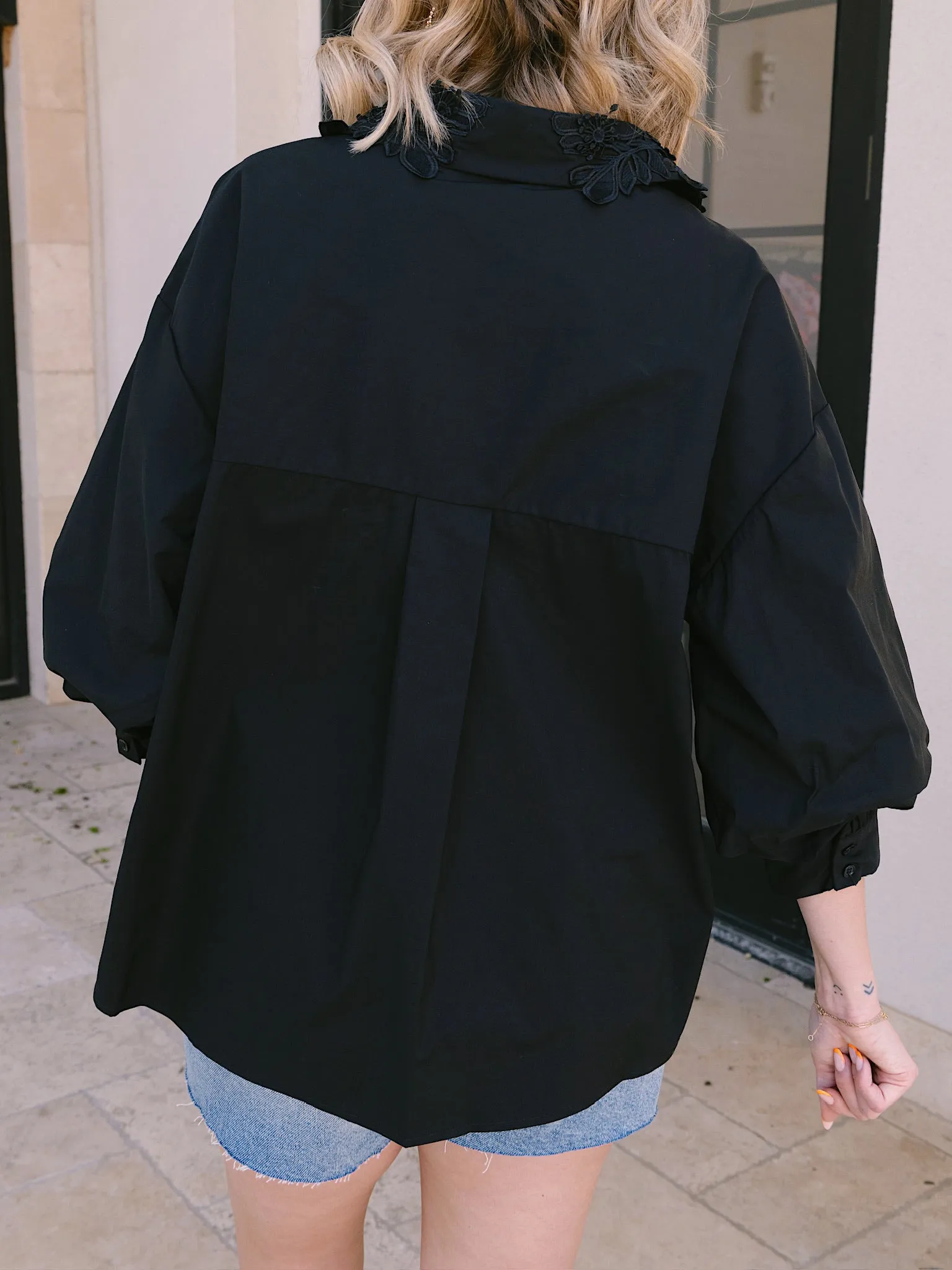 Endless Rose Black Peekaboo Lace Collared Shirt