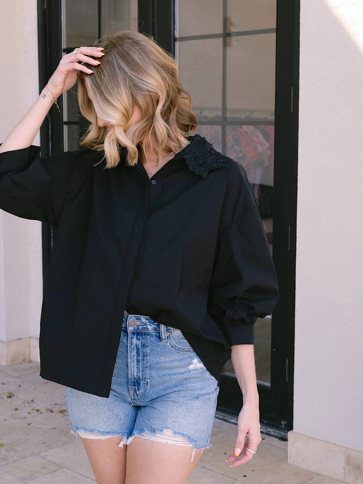 Endless Rose Black Peekaboo Lace Collared Shirt