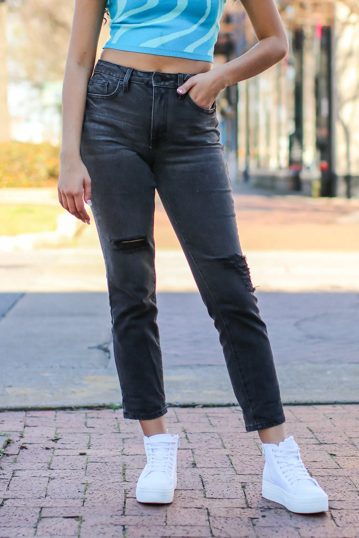 Estiana Dream High Rise Stretch Distressed Mom Jeans - FINAL SALE
