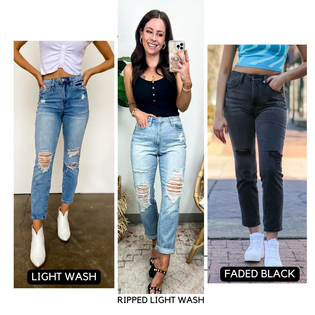Estiana Dream High Rise Stretch Distressed Mom Jeans - FINAL SALE