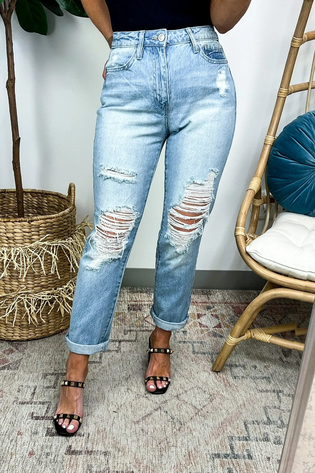 Estiana Dream High Rise Stretch Distressed Mom Jeans - FINAL SALE