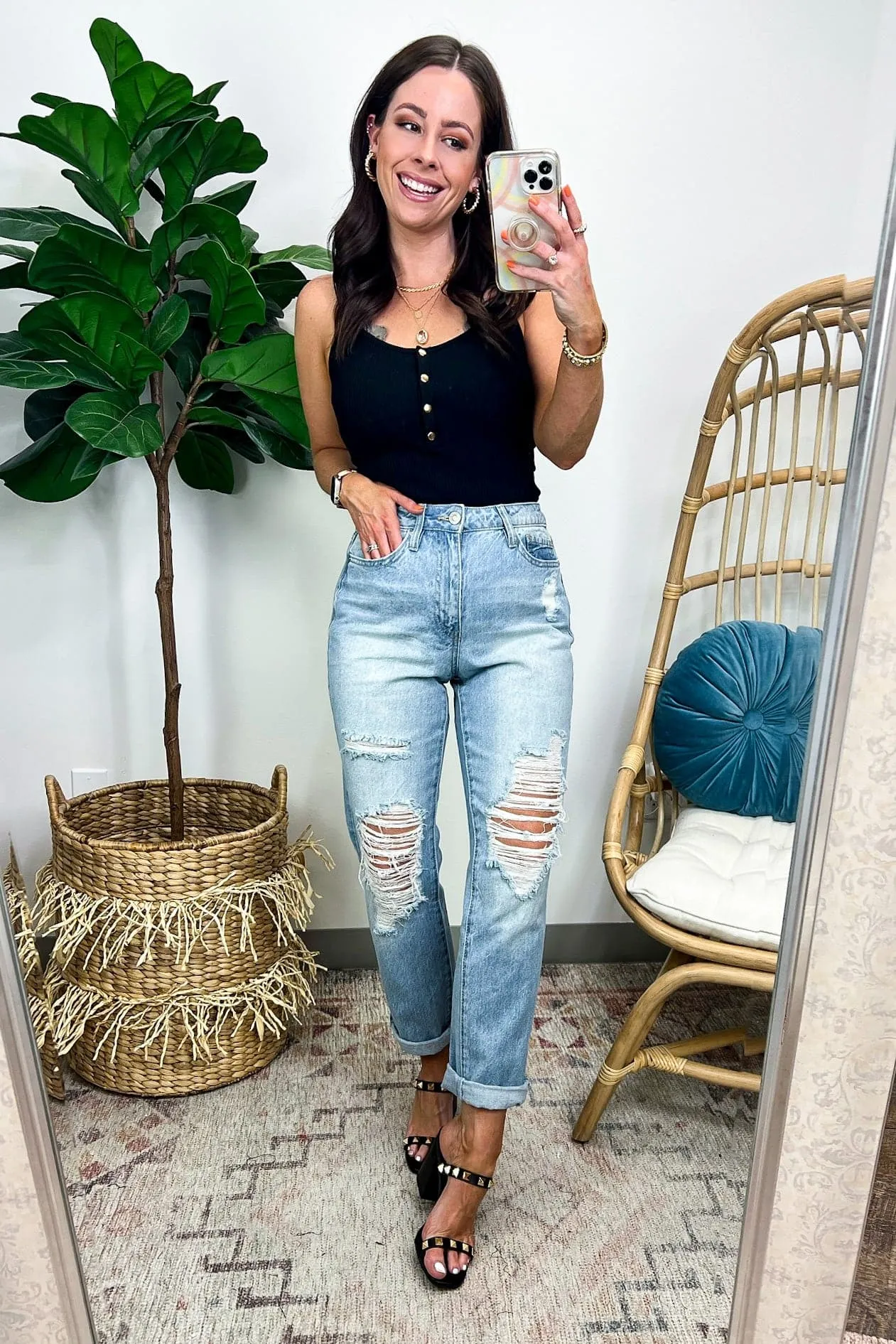 Estiana Dream High Rise Stretch Distressed Mom Jeans - FINAL SALE