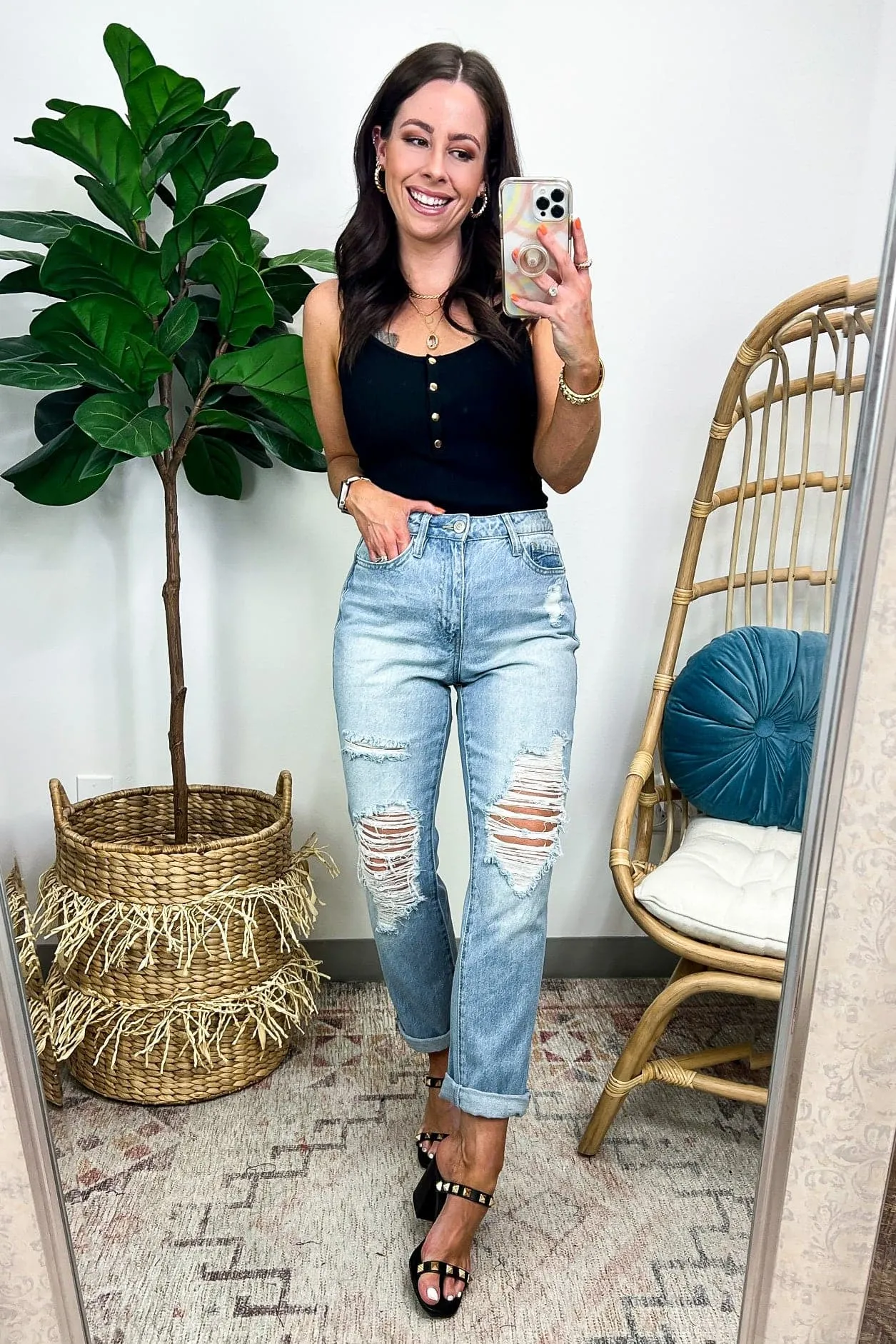 Estiana Dream High Rise Stretch Distressed Mom Jeans - FINAL SALE