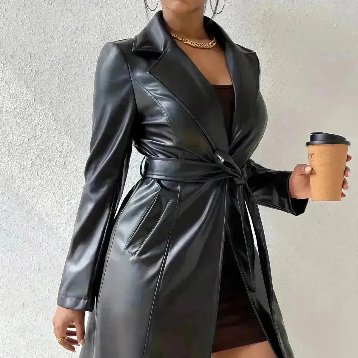 Fashionable Longline leather overcoat Jacket for women