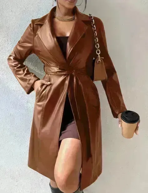 Fashionable Longline leather overcoat Jacket for women
