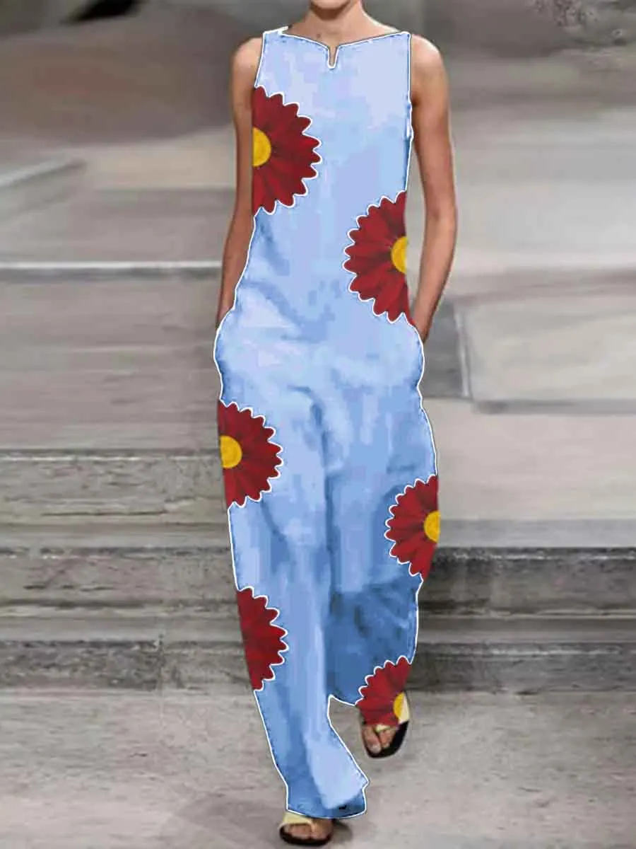 Fashionable Loose Casual Red Daisy Printed Jumpsuit