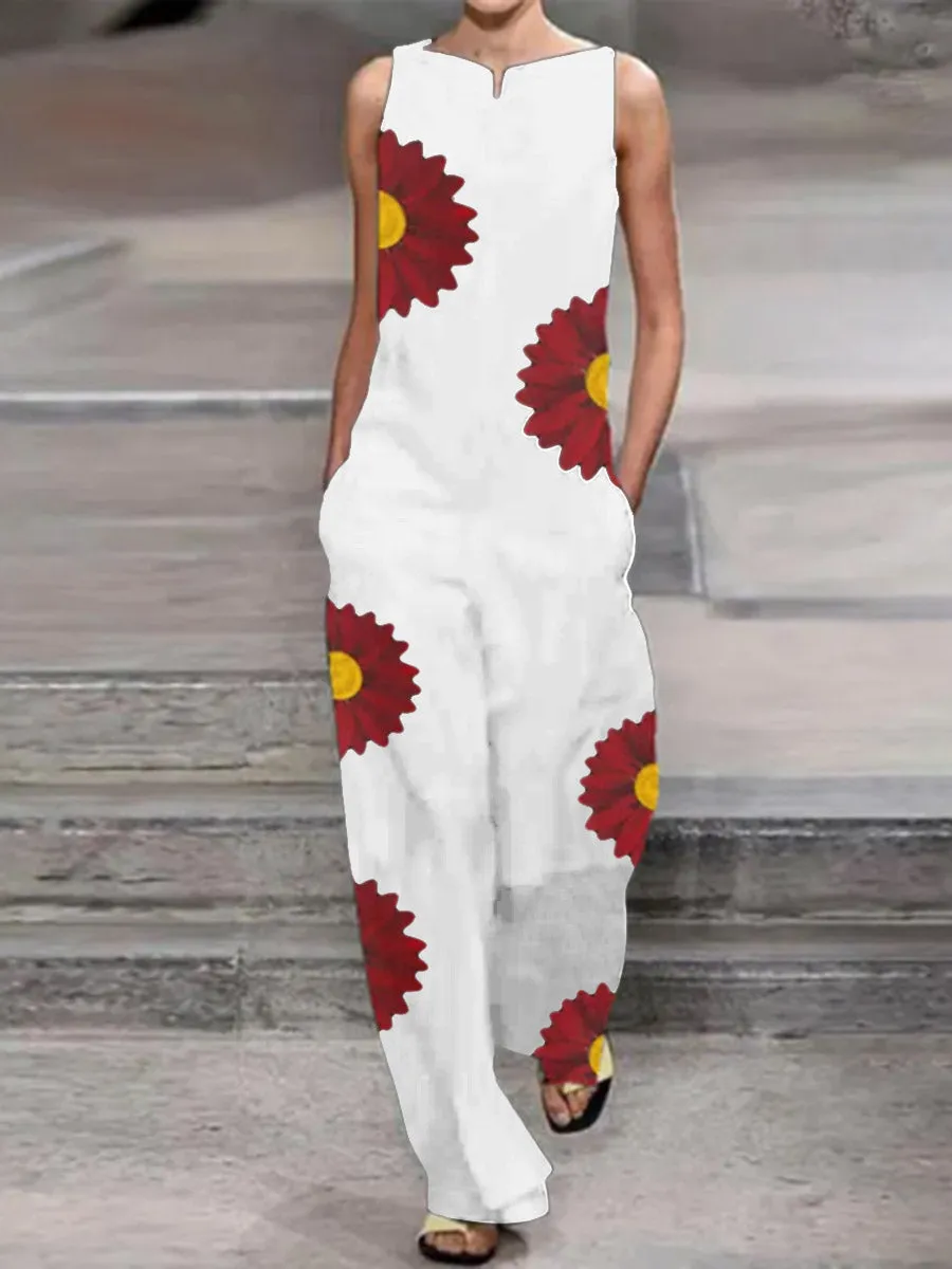Fashionable Loose Casual Red Daisy Printed Jumpsuit