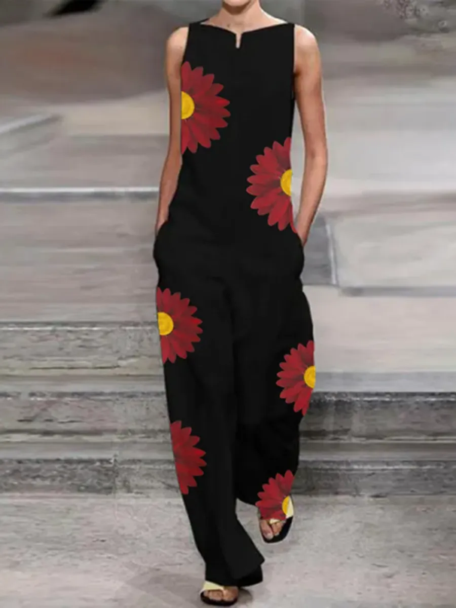 Fashionable Loose Casual Red Daisy Printed Jumpsuit