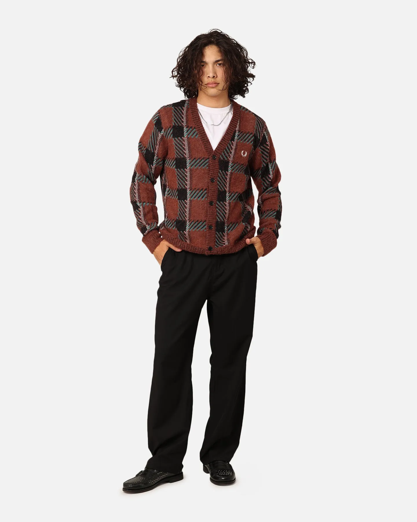 Fred Perry Glitch Tartan Cardigan Whisky Brown