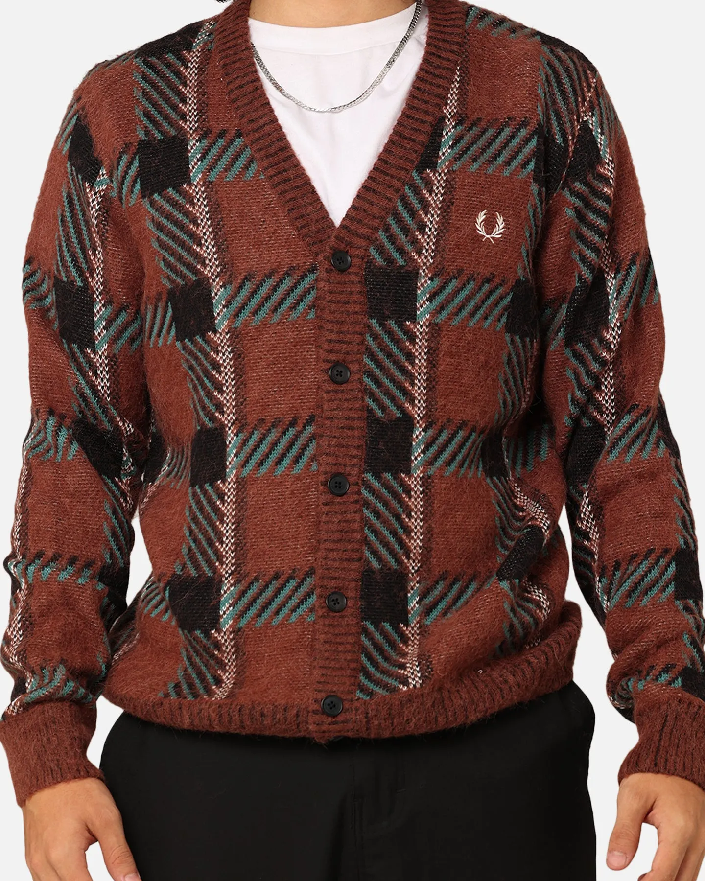 Fred Perry Glitch Tartan Cardigan Whisky Brown
