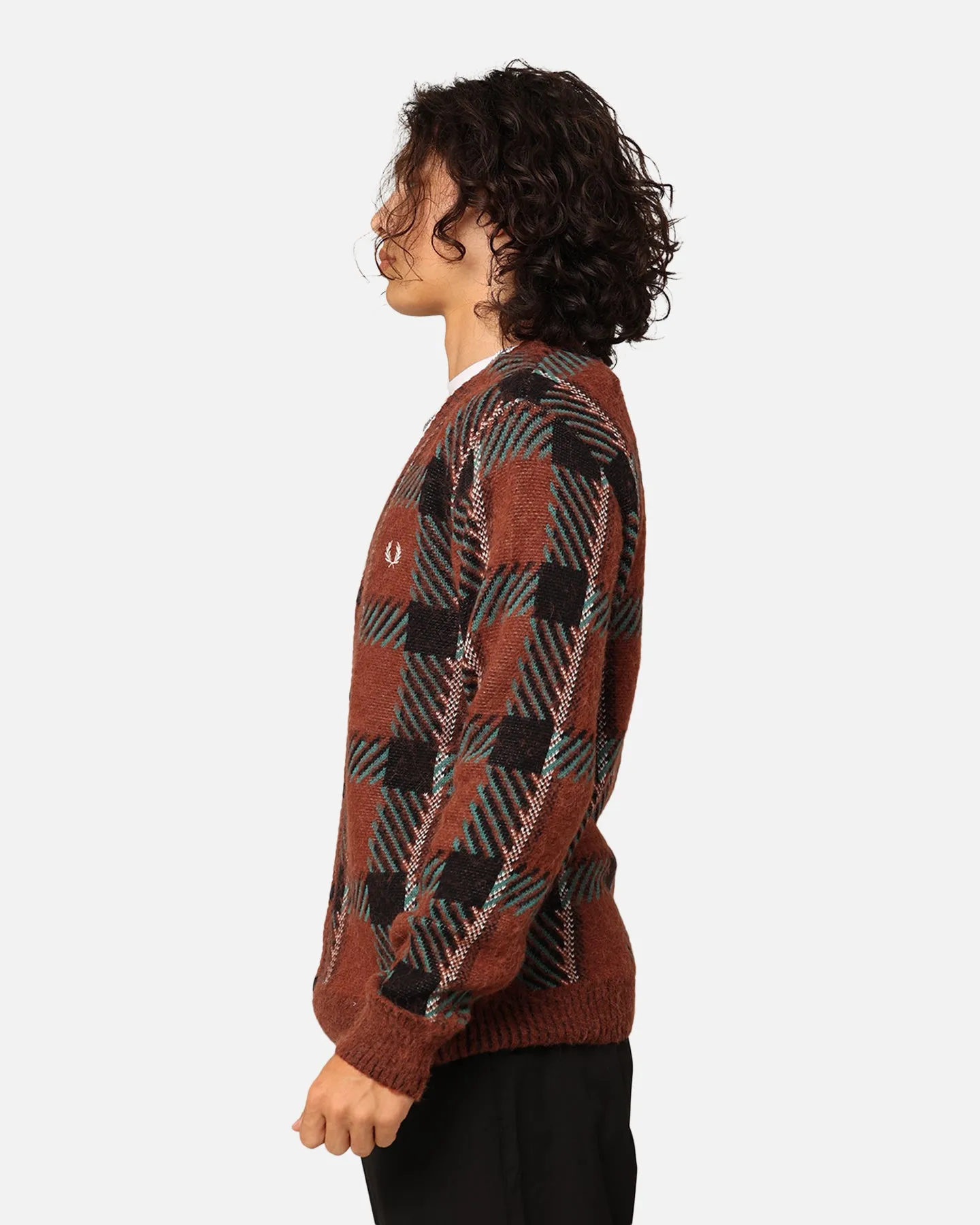 Fred Perry Glitch Tartan Cardigan Whisky Brown