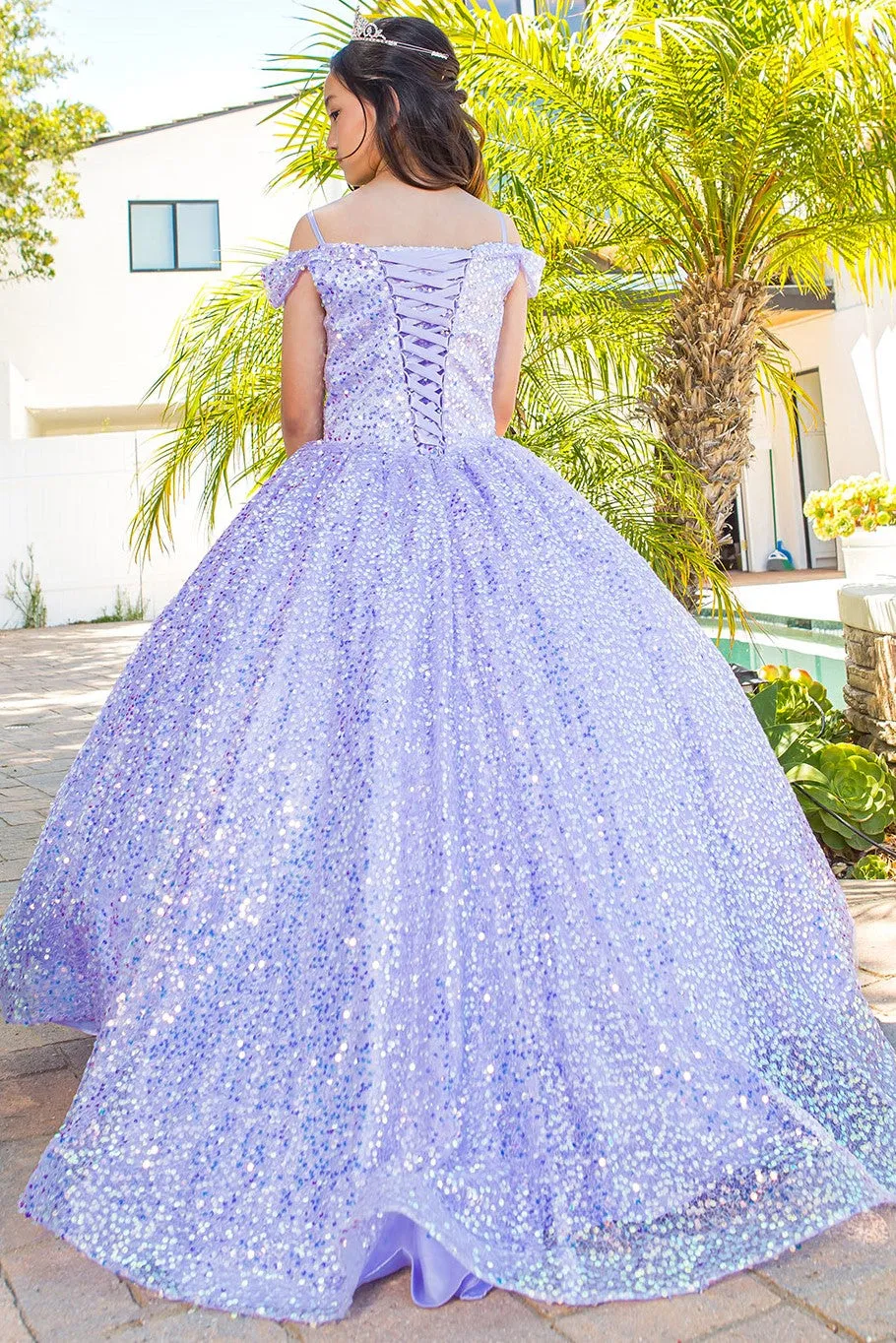 Girls Rainbow Sequin Glitter Tulle Off Shoulder Sweep Train Ball Gown, Size 8